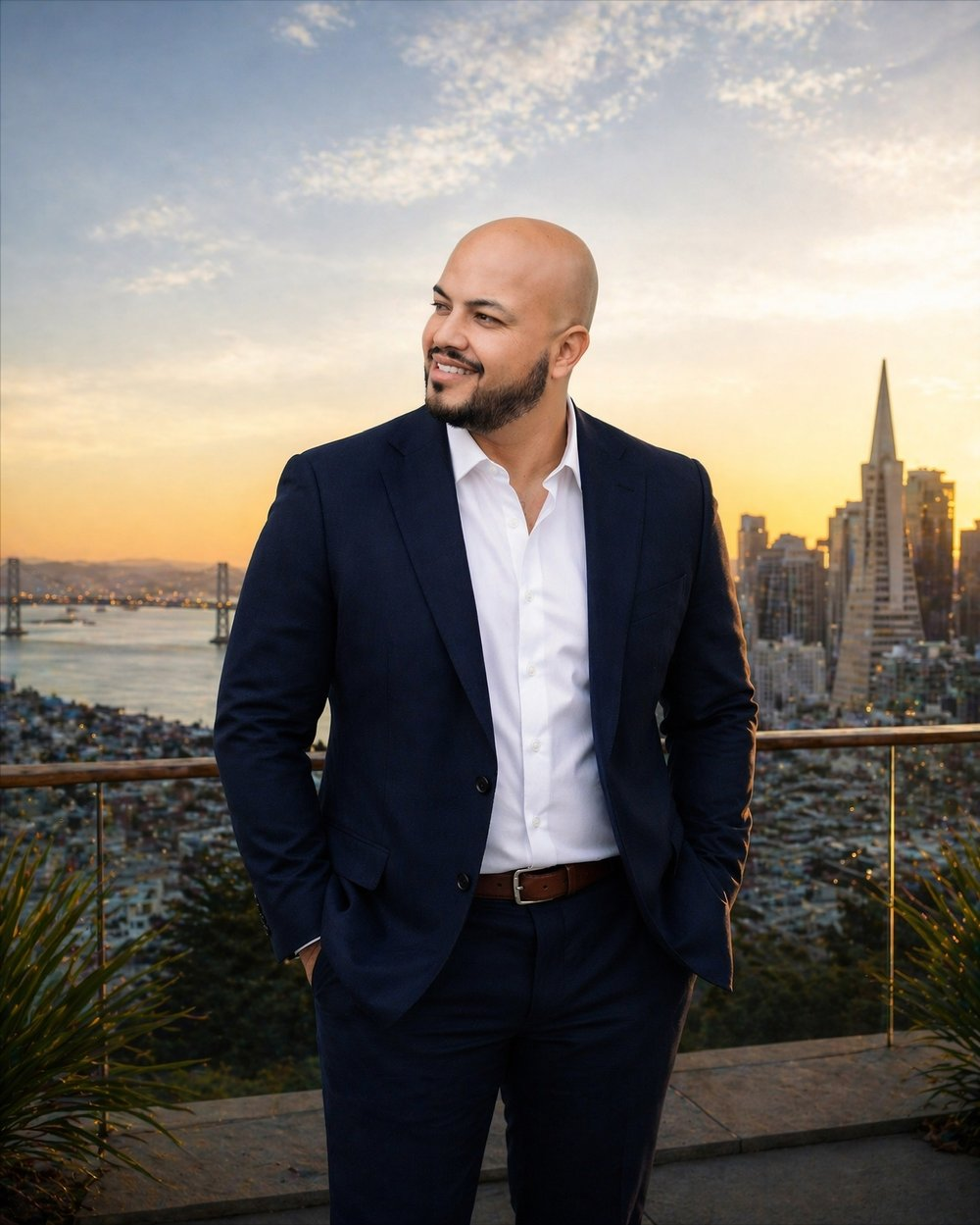Omar Murillo, East Bay real estate broker, with the San Francisco skyline at sunset